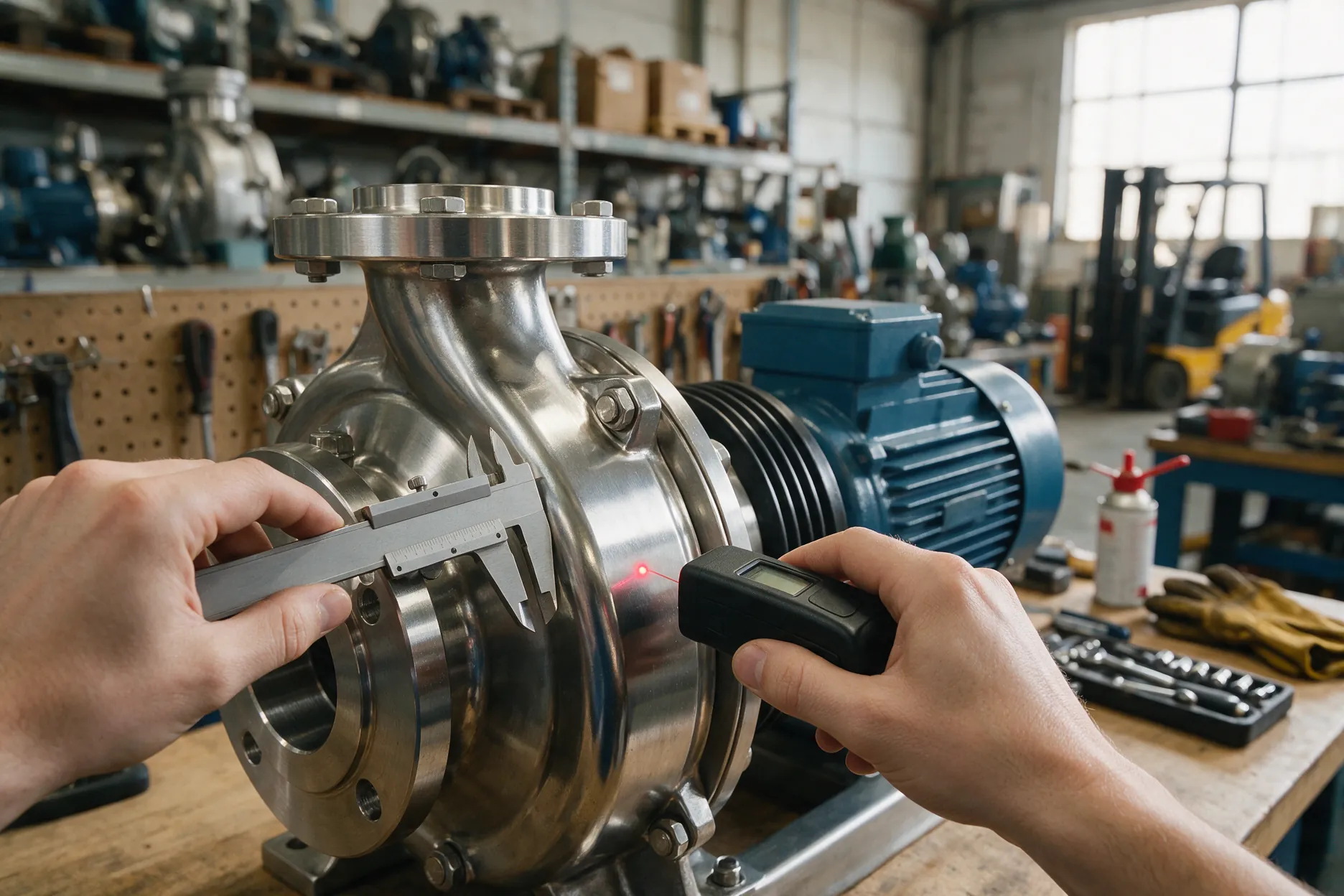 Hands measuring a polished steel industrial pump with a digital caliper and laser measure