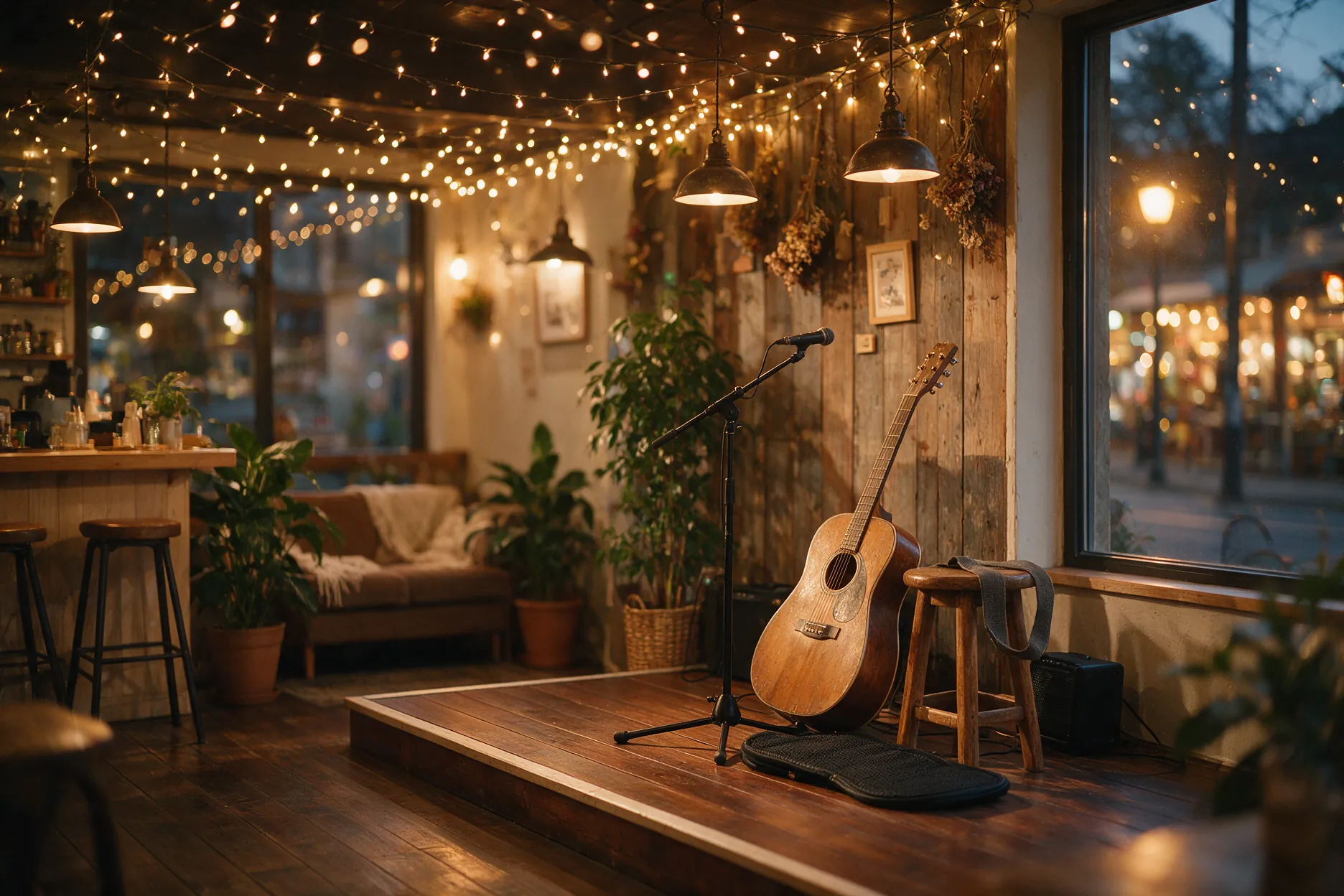 Cafe corner with a small stage, an acoustic guitar, a speaker and a microphone stand under string lights