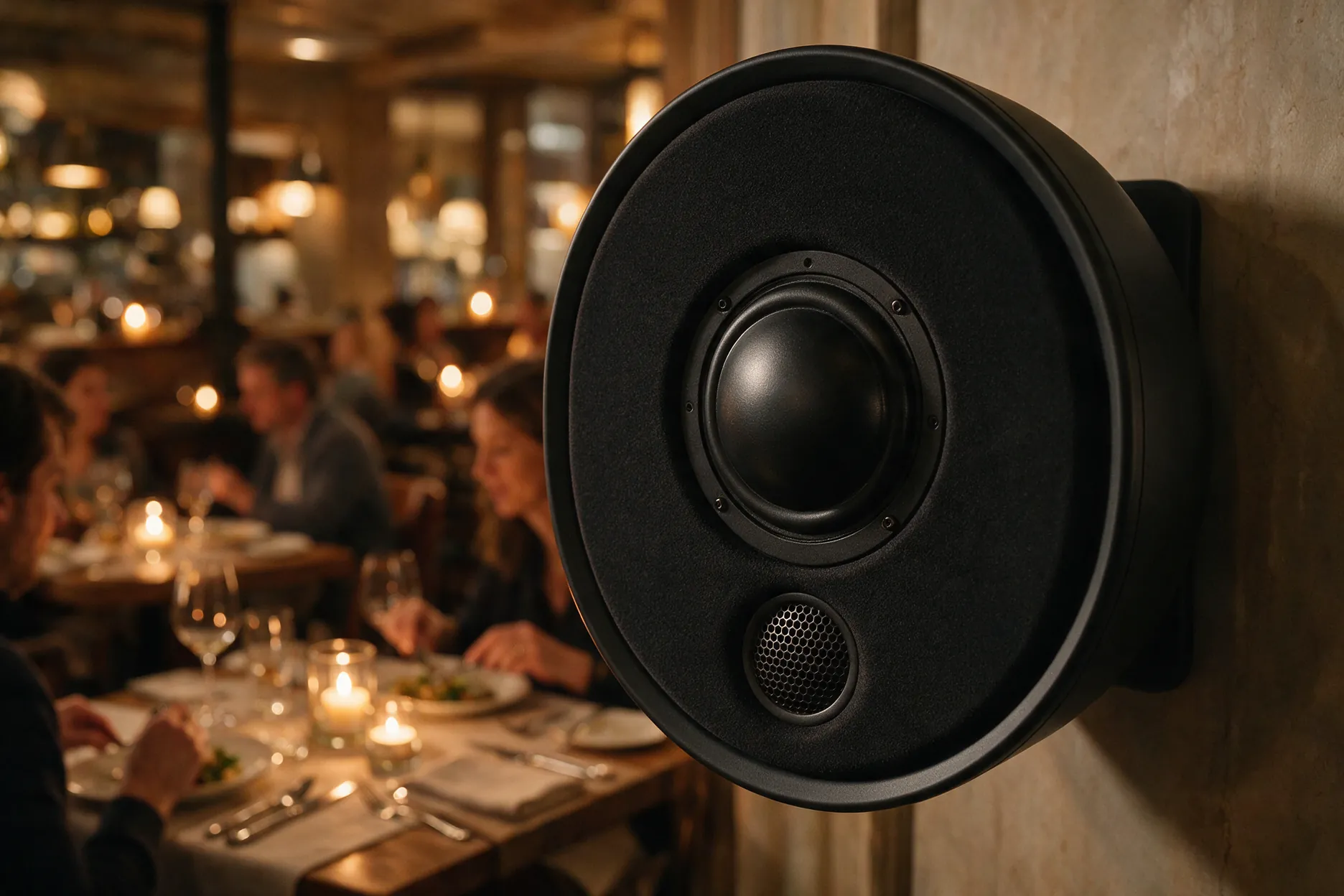 Wall-mounted speaker in a restaurant dining room with blurred tables and candlelight behind
