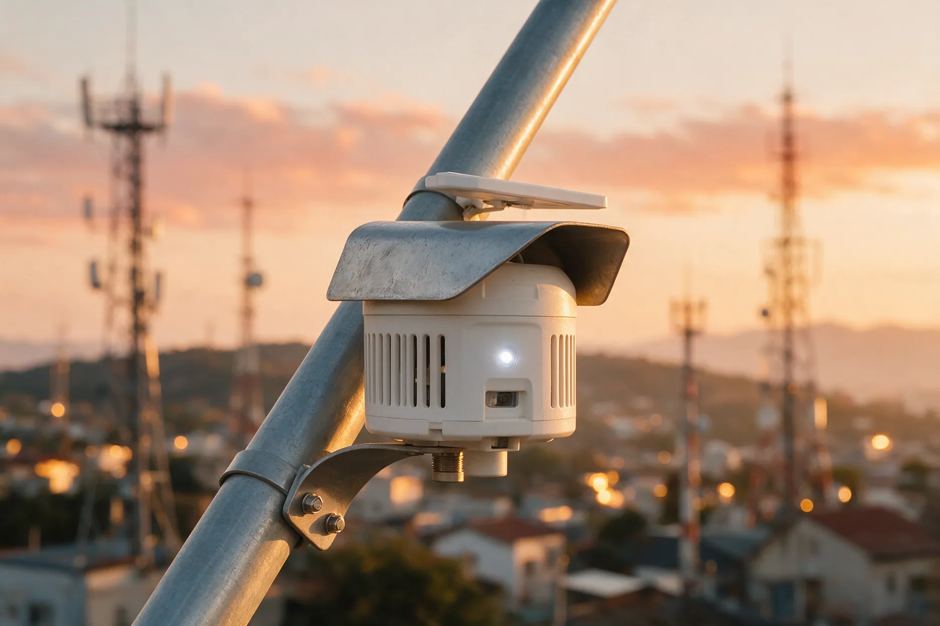 Air-quality monitoring sensor unit mounted on a metal pole at sunset with towers blurred behind