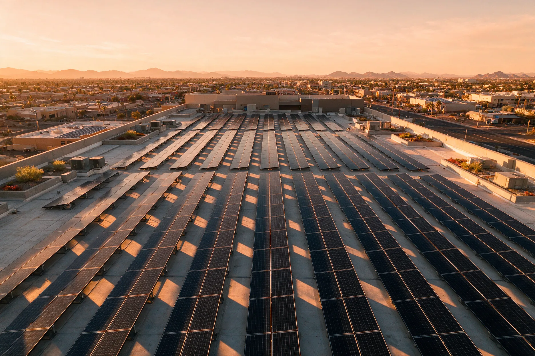 Aerial view of a commercial rooftop covered in solar panels at sunrise