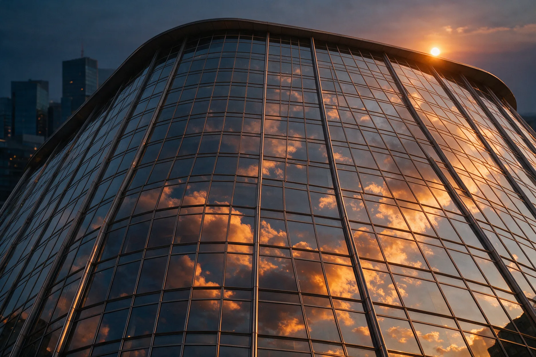 Looking up at a curved glass facade of a financial tower reflecting sunset clouds