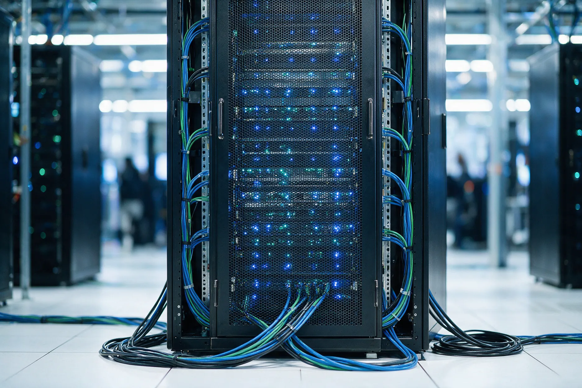 Server rack in a secure data hall with blue and teal indicator lights and cable bundles