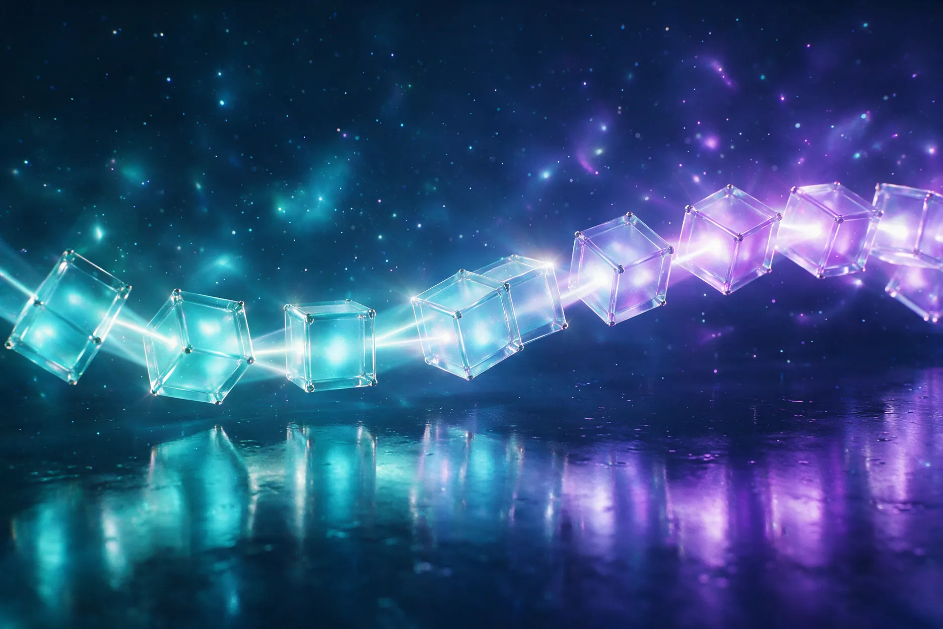 Chain of glowing translucent glass cubes linked by beams of light above a dark reflective surface