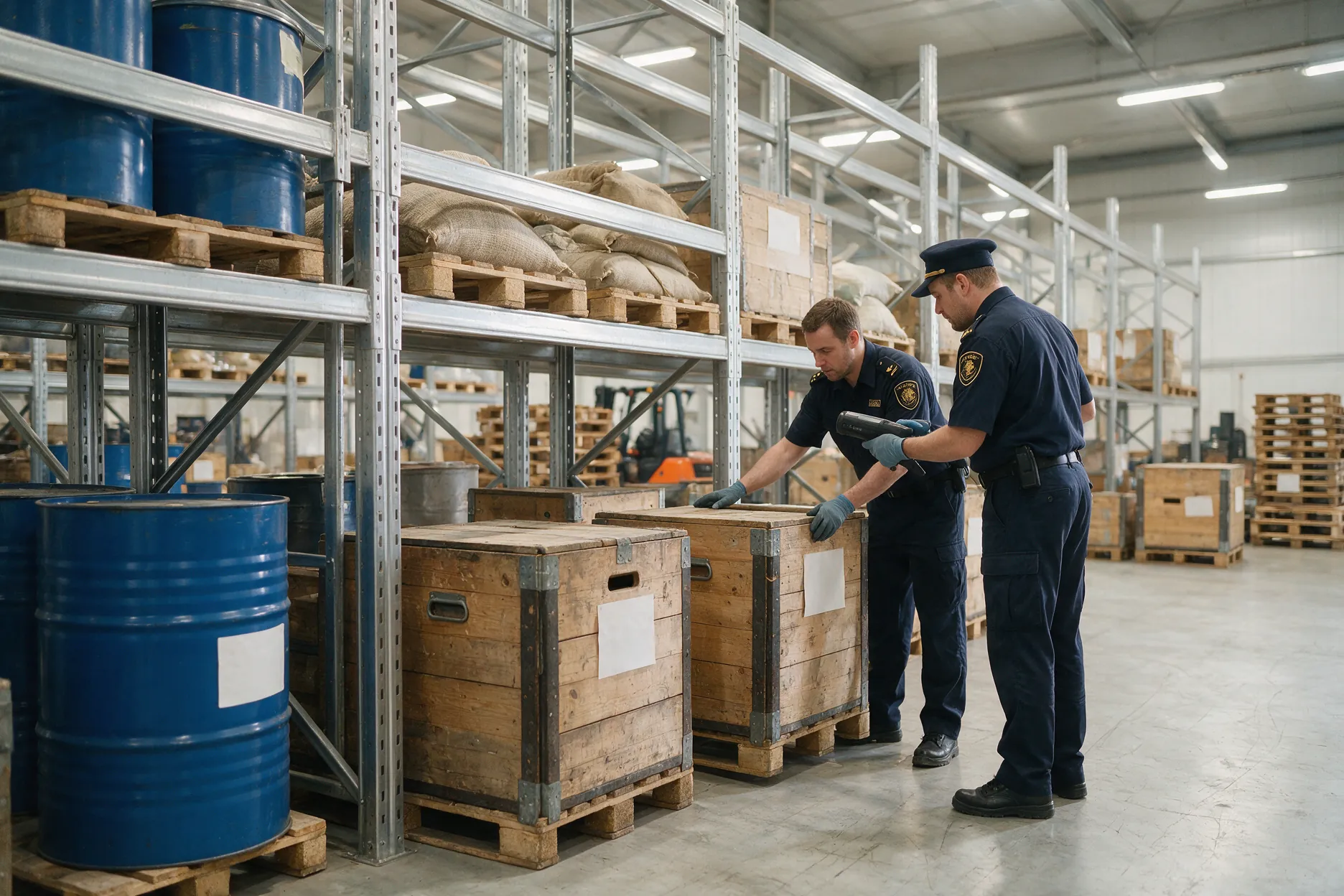 Two uniformed customs inspectors examining wooden crates with blank labels in a bonded warehouse