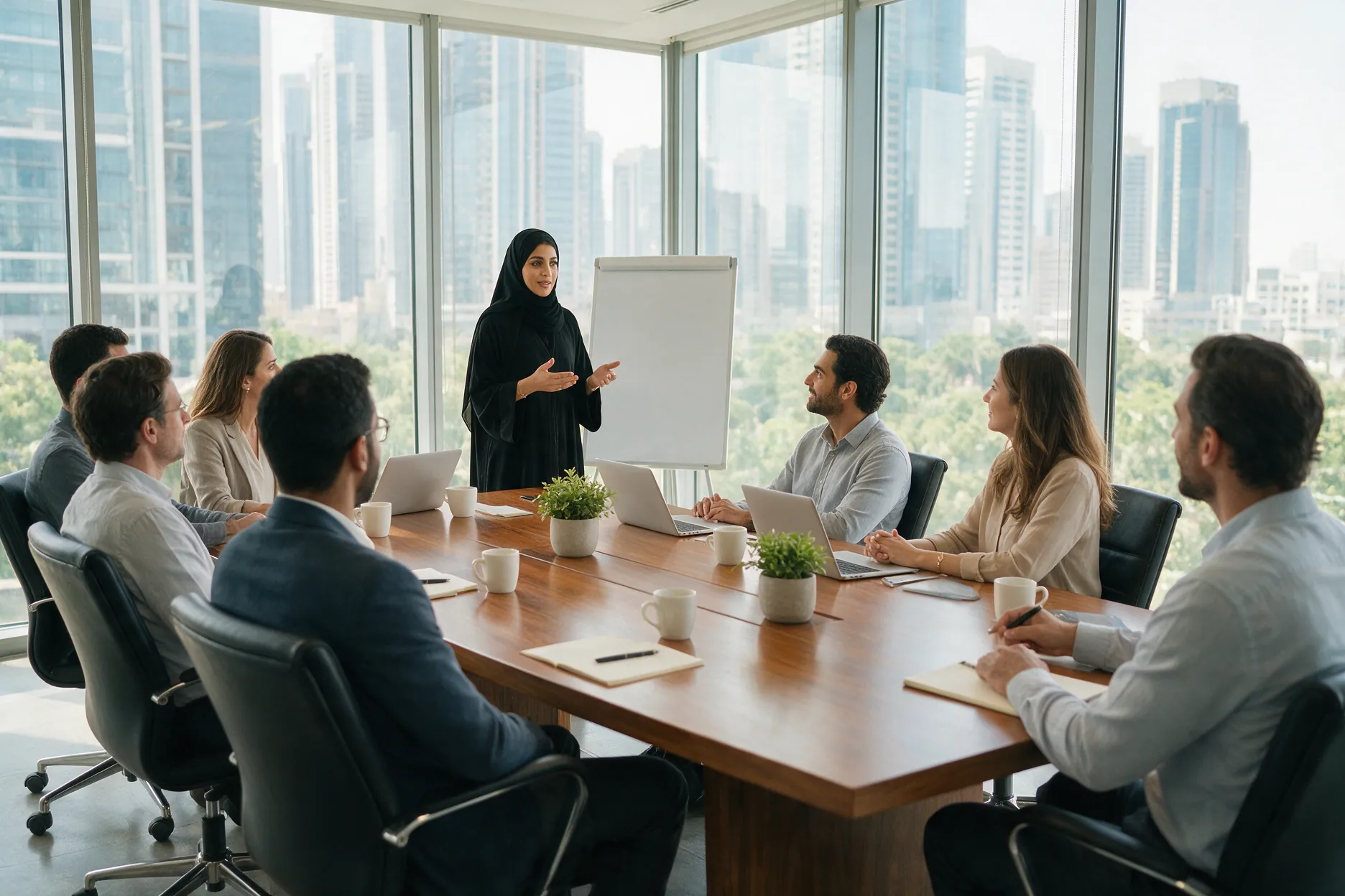 Emirati woman in a black abaya presenting to a mixed team in a glass-walled boardroom