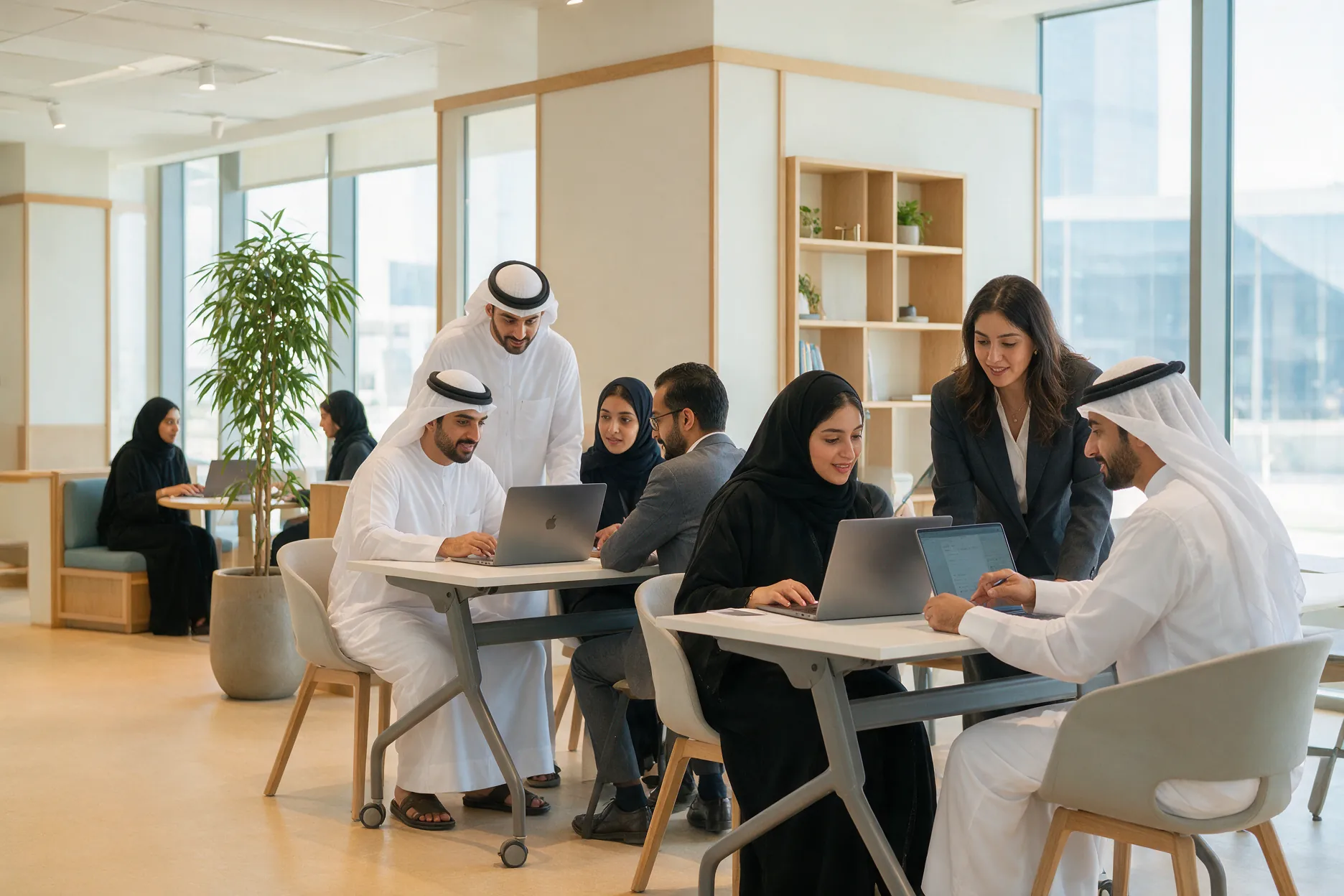 Emirati professionals in traditional dress and business attire collaborating around laptops in an open-plan workspace