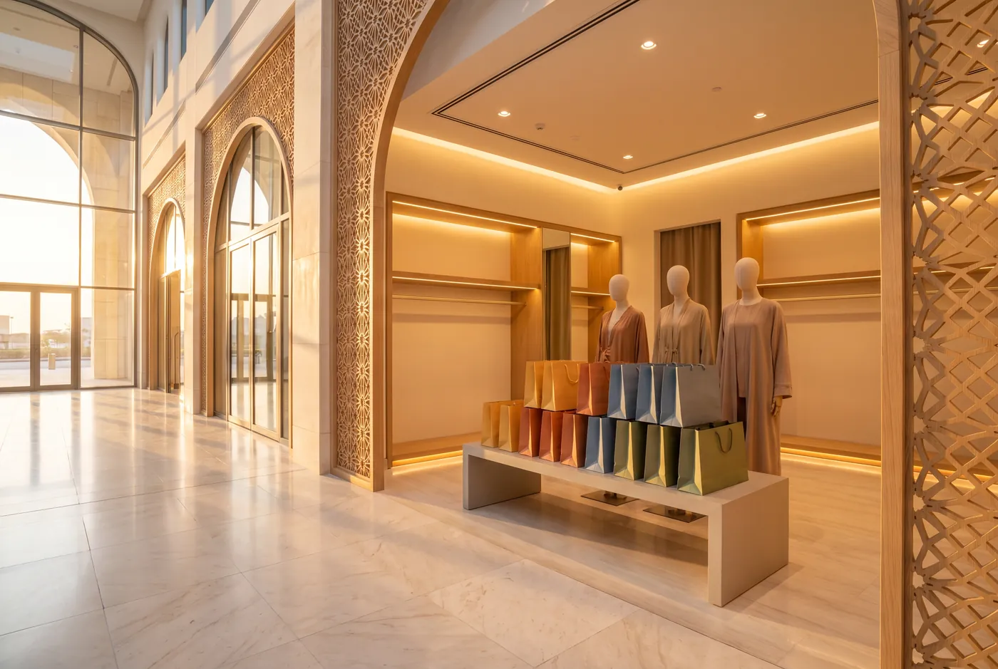 Open-fronted boutique in a modern Gulf shopping mall with colourful shopping bags and arabesque lattice screens