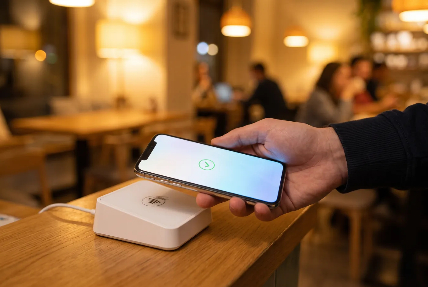 Hand holding a smartphone over a white contactless payment terminal on a cafe counter